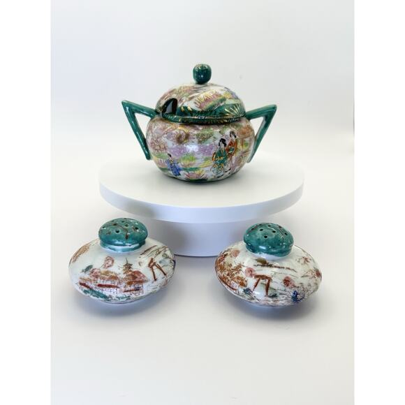 Vintage Geisha Girl Sugar Bowl and S & P Porcelian Green Handles Japan - Picture 2 of 10